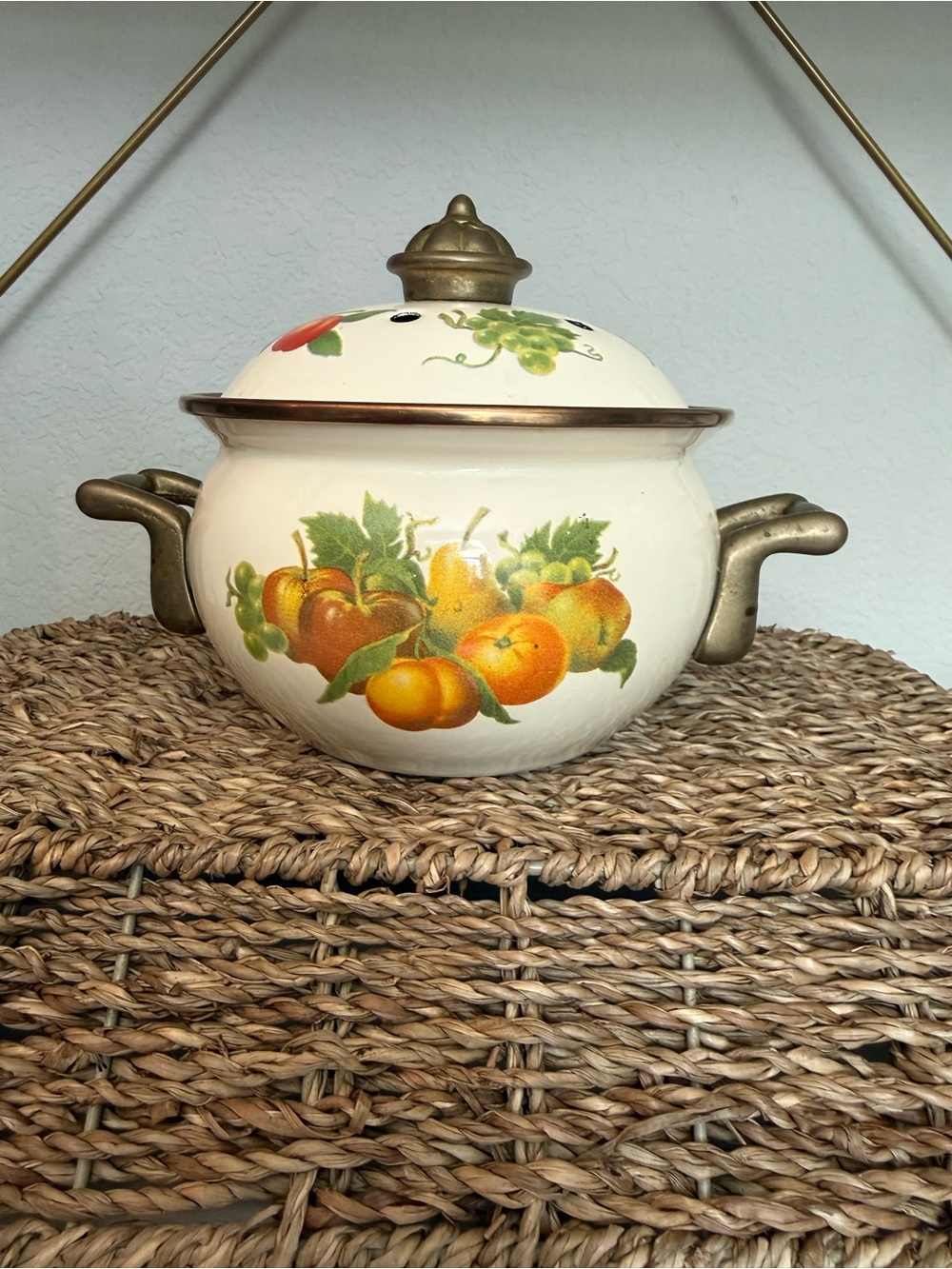 Vintage Fruit Enamel Stovetop Simmer Pot Brass Handles